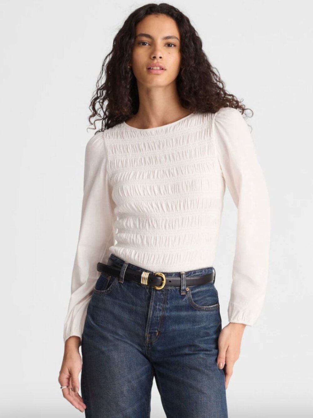 Madewell Cream Smocked Long-Sleeve Top